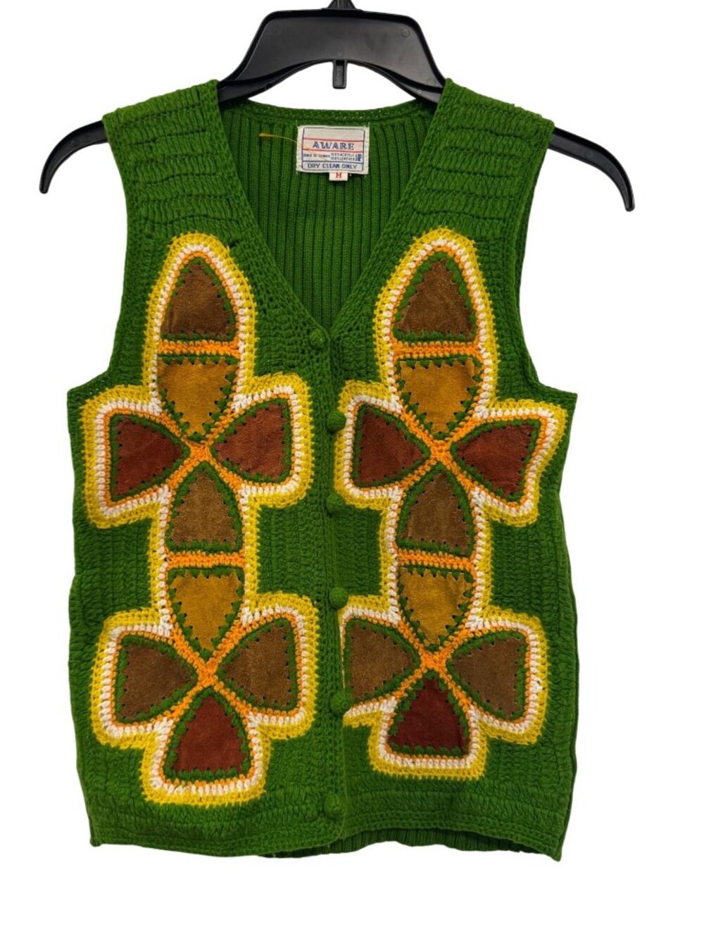 Vintage 1970s Aware Green Crochet Knit Vest With leather Patchwork Size M